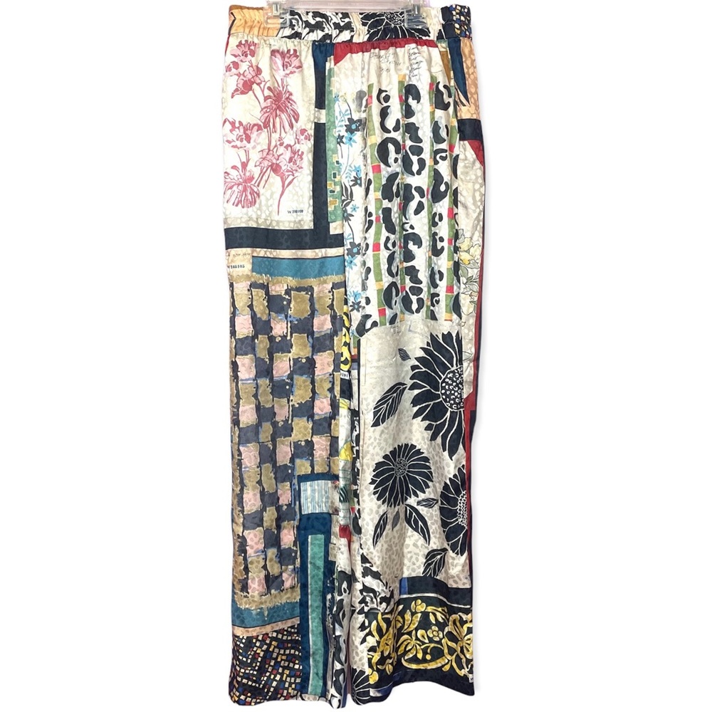 NWT Limited Edition Zara Boho Floral Patchwork Satiny Wide Leg Pants Sz L